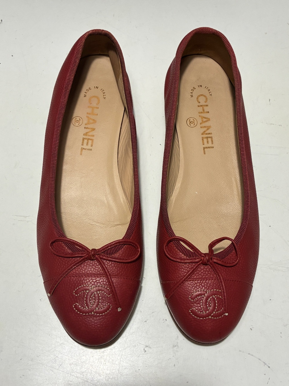 CHANEL Red caviar Leather Ballet Flats with Bow Detail
